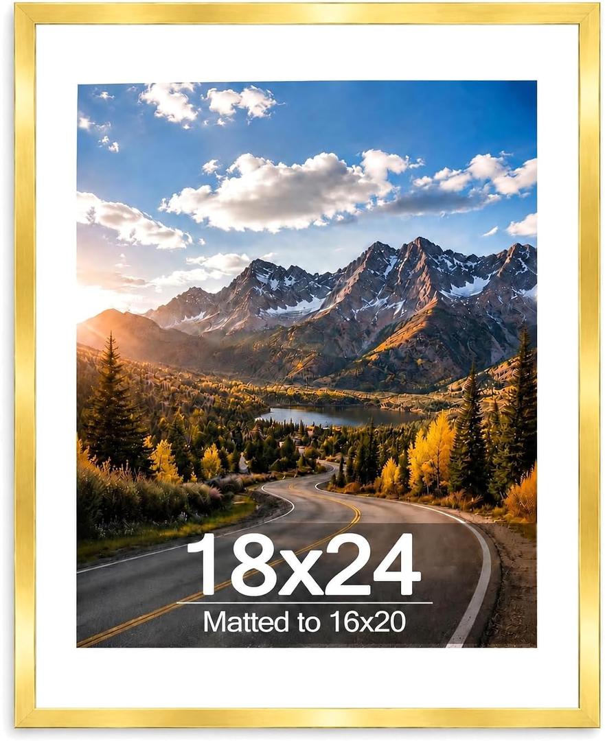 Wood 18x24 Picture Frame with 16x20 Mat Gold, Display 16x20 with Mat or 18x24 Without, Wood 18 by 24 Photo Frame, 18 x 24 Frame for Wall Hanging Display, Gold