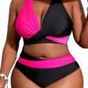 HYTENSUN Women' s Plus Size Bikini 2 Piece Color Block Swimsuits High Waisted Tummy Control Bathing Suit Adjustable Tie Strap (Large, 184 Black+ Rose Red)