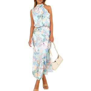 PRETTYGARDEN Women's 2025 Summer Satin Dress Elegant Sleeveless Mock Neck Cocktail Party Maxi Dresses (Print Blue). XL