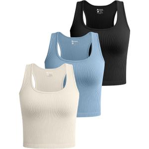 OQQ Women's 3 Piece Crop Tank Shirt Ribbed Seamless Workout Sleeveless Racerback, Black Haze Blue Beige, Small (S)