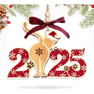 2 x HEXMOZ Cat Ornament for Christmas Tree 2025 - Funny Cat Gag Gifts for Women, Men, Kitty Lovers, Dad, Mom, Owner Exchange Ideas, Animal Christmas Decoration - Acrylic Wood Xmas Ornament (Coastal Style 2025)