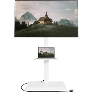 Steel Base Floor TV Stand with Power Outlet for 32-75 inch TVs up to 110 lbs, Leveling & Tilt & Swivel TV Stand with Hidden Wire Management, Height Adjustable TV Stand with Steel Shelf, White