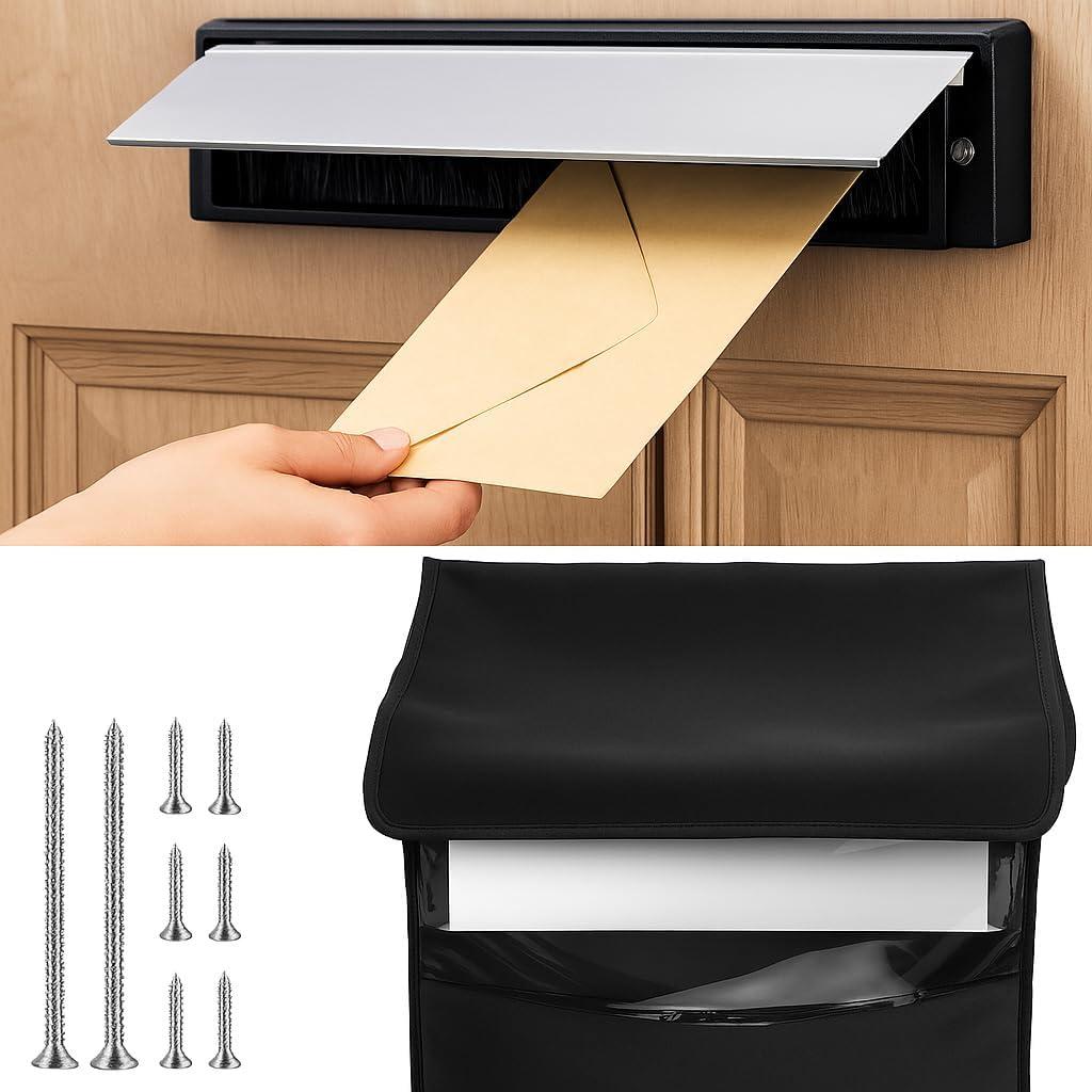 1 Set Mail Slot for Front Door, Aluminum Alloy Mail Slots Cover with Mail Catcher Bag Mail Slot Catcher for Door Mail Slot(12"2.7",Black)