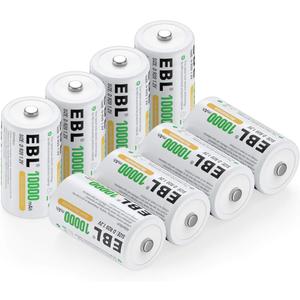 EBL Pack of 8 10000mAh Ni-MH D Cells Rechargeable Batteries, Battery Case Included