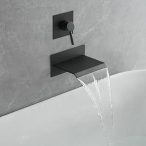 Black Wall Mount Bathtub Faucet Bathroom Tub Filler High Flow Single Handle Shower Faucets Waterfall Tub Spout Rough in Valve Bathroom Sink Faucet Matte Black