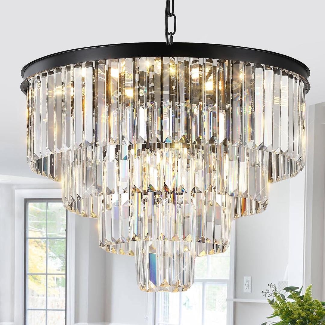 24" Modern Crystal Chandeliers,12-Light Black Round Light Fixture, Medium-24”
