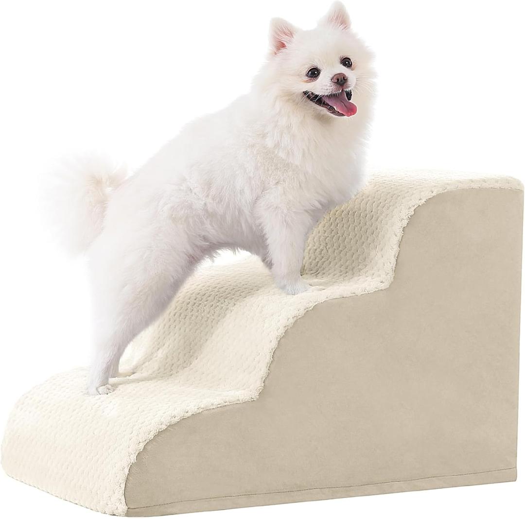 MIHIKK Dog Stairs Ramp, Curved 3-Step Dog Steps for Small Dogs and Cats, Pet Stairs for High Beds and Couch with Anti-Slip Washable Cover and Durable High Density Foam, Beige