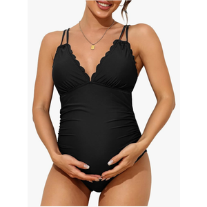 Charmo Scallop Trim Maternity Swimsuit One Piece V Neck Pregnancy Bathing Suit Ruched Swimwear Cutout Tie Back,Black , S