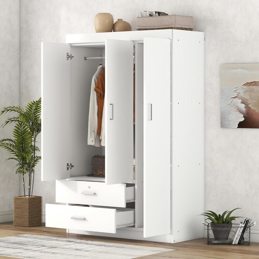 3 Door Wardrobe Cabinet Closet with Storage Drawers, Shelves and Hanging Rail for Clothes, Bedroom Organizer (White)