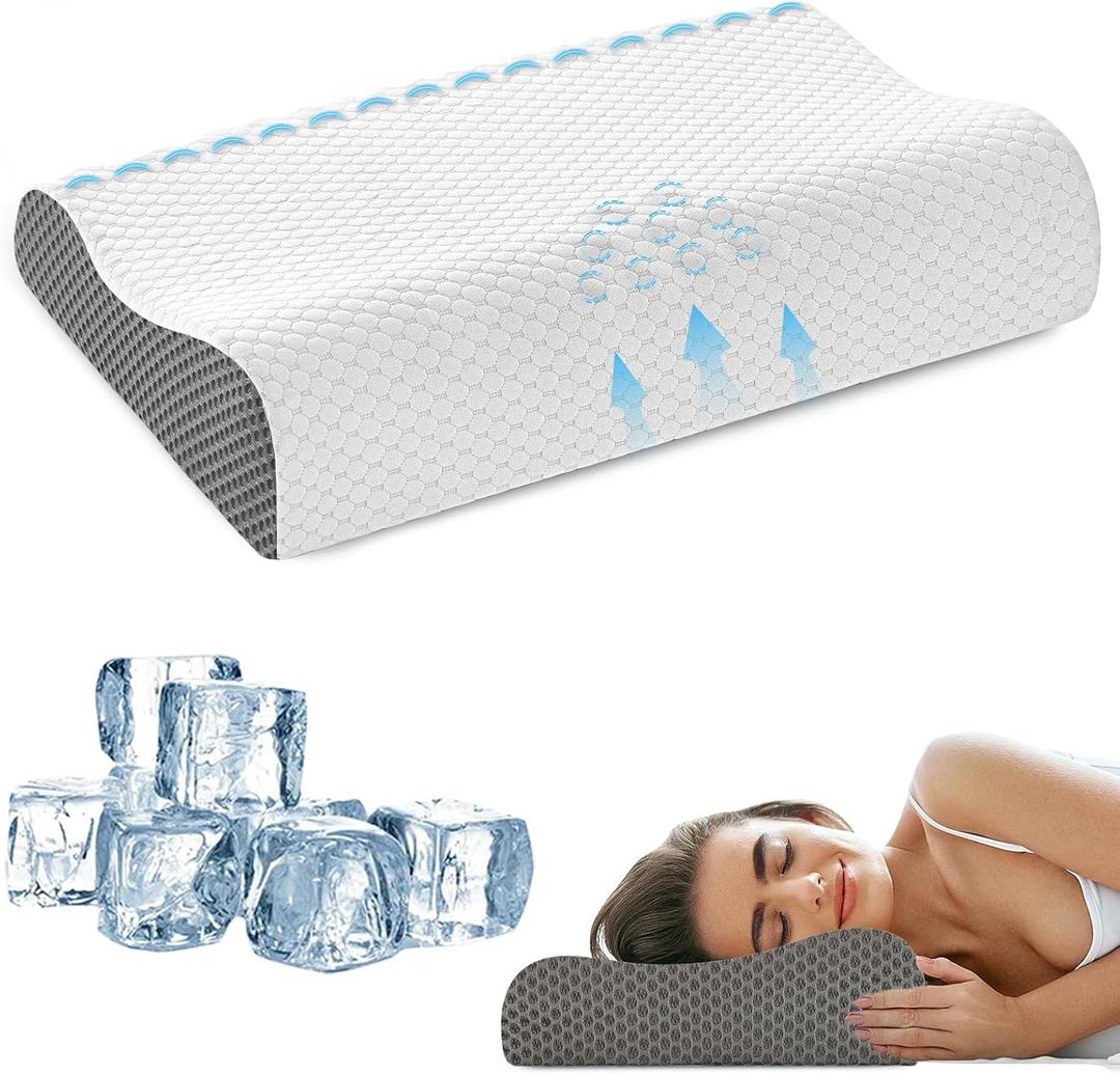 Memory Foam Cooling Bed Pillows for Sleeping, Ergonomic Cervical Pillow for Neck and Shoulder Pain Relief, Adjustable Cold Pillow,with PillowcaseGrey (Pack of 1)