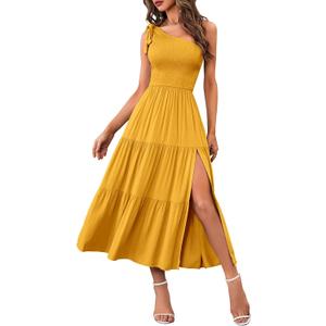 MEROKEETY Women's 2026 Summer Sleeveless Midi Dress One Shoulder Knot Smocked Split Formal Cocktail Wedding Guest Dresses, Medium