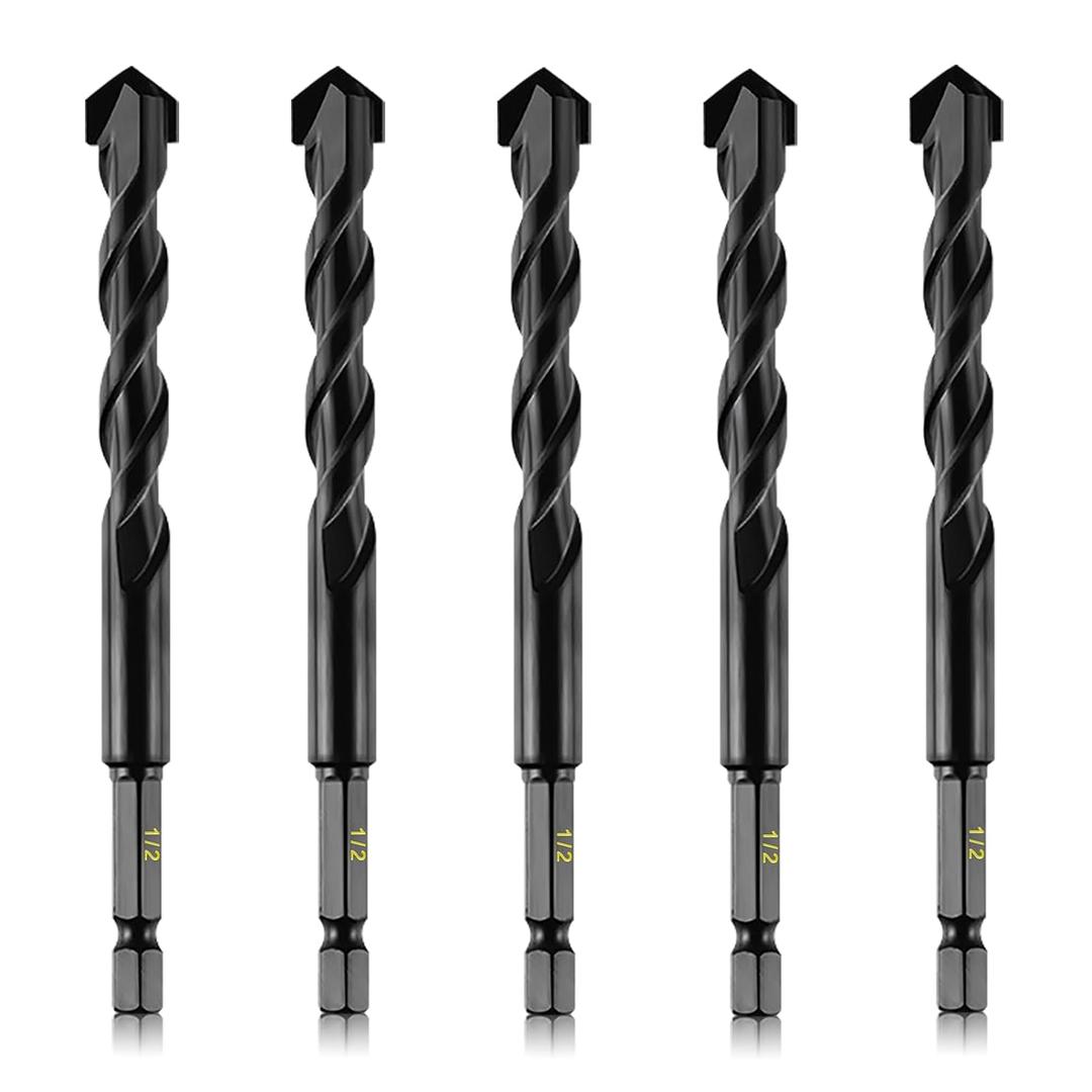 5-Piece 1/2 Masonry Drill Bits for Concrete Tiles Stone, 1/2 Inch Carbide Drill Bit Set for Glass Ceramic Brick Soft Metal Plastic and Wood, Hex Shank Drill Bit Set Diameter 12mm, Black