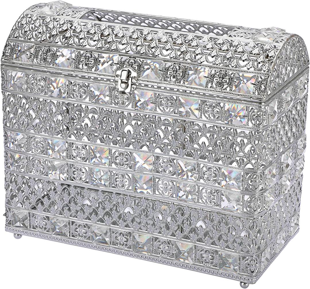JUXYES Silver Sparkle Crystal Wedding Card Box With Lid for Reception, Gorgeous Treasure Chest Style Keepsake Envelope Case Large Card Receiving Box for Wedding, Reception, Birthday Party