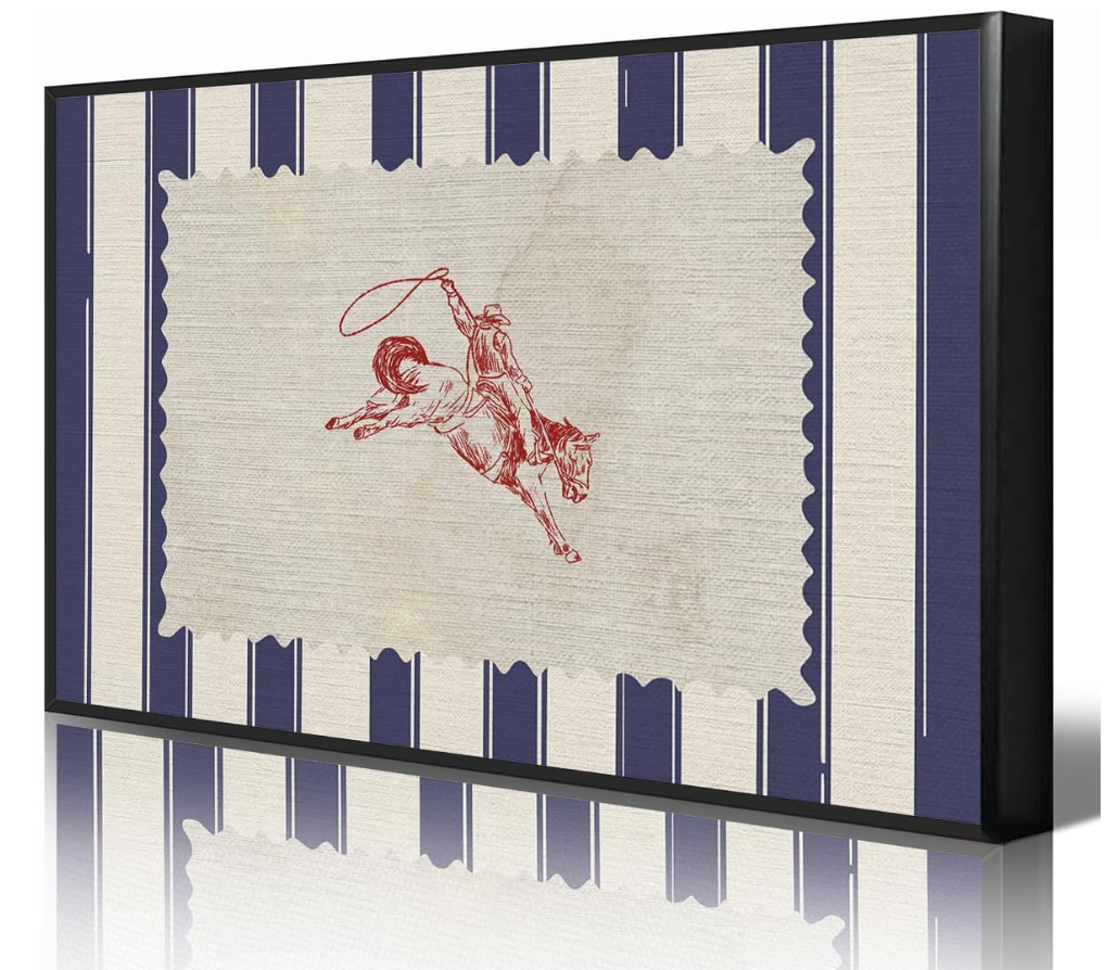 Western Cowboy Canvas Wall Art, Blue White Striped Rodeo Room Aesthetic Poster, Rustic Mid Century Horse Riding Painting, Red Cowboy Rodeo Picture for Living Room Bedroom 12x16in Wrapped Canvas