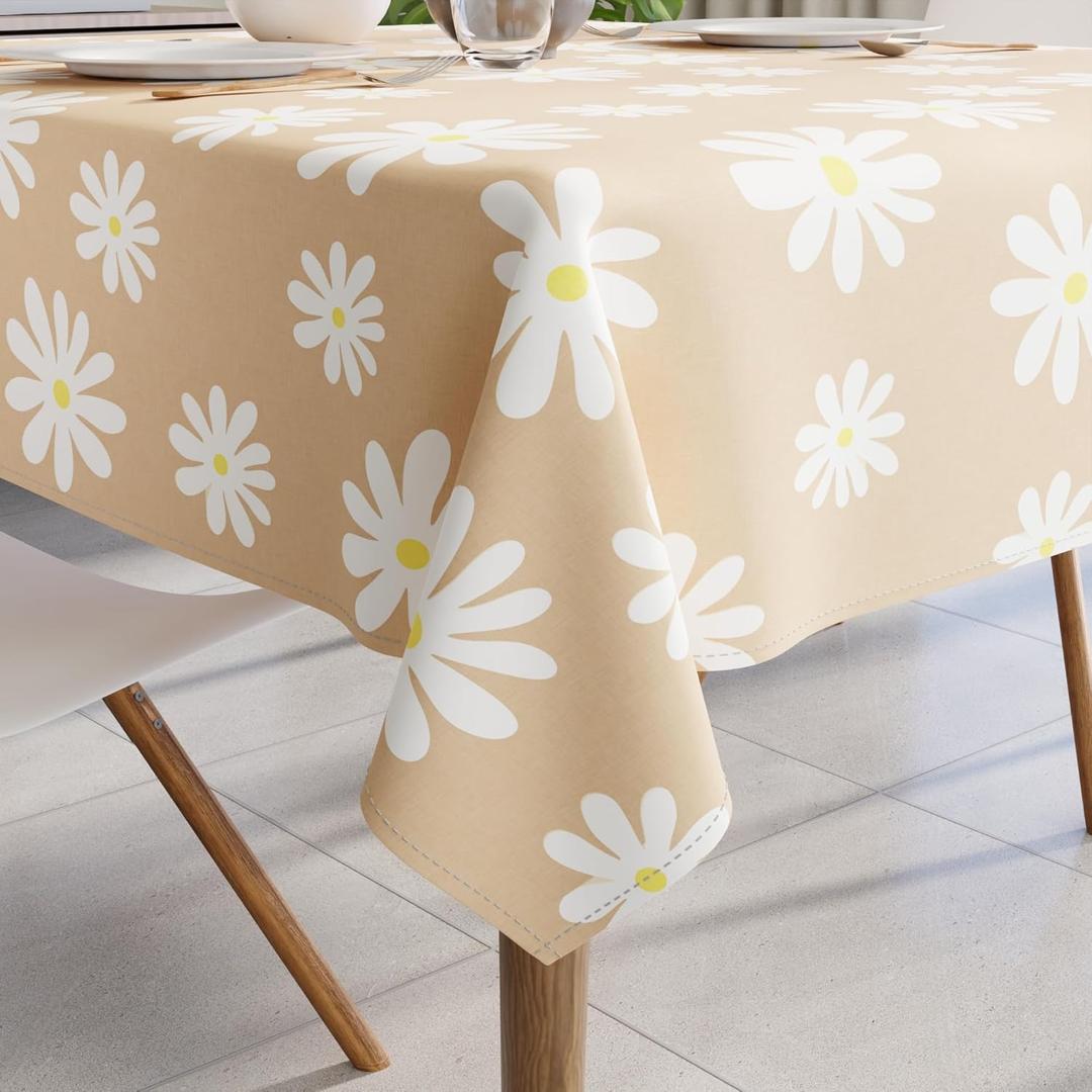 Encasa XO Dining Tablecloth  56"x84" (7 ft) for 4 to 6 Seater | Cotton, Machine Washable Table Cloth Rectangular Table | Tablecloths for Wedding, Party, Buffet, Everyday Use  Daisy Beige Print