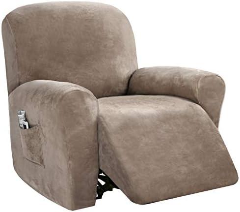 PrinceDeco Recliner Chair Cover Velvet Stretch Recliner Couch Covers 4-Pieces Style Recliner Chair Covers Recliner Cover for Reclining Chair Slipcovers Feature Non Slip Form Fitted Thick Soft,Taupe