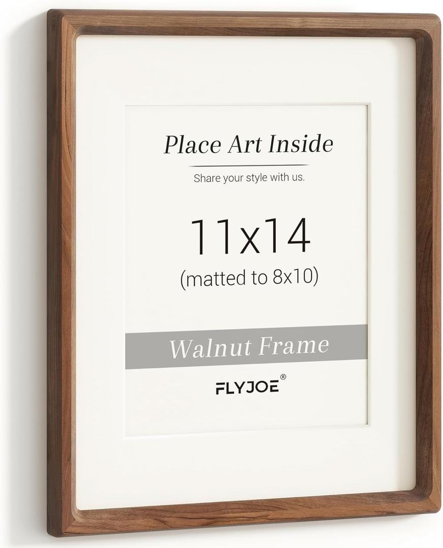 11x14 Picture Frame, USA-Sourced Natural Walnut Wood Photo Frame with Tempered Glass, Handcrafted Rounded Corner 11 x 14 Wooden Frame Matted to 8x10 Photos, Wall or Tabletop Display