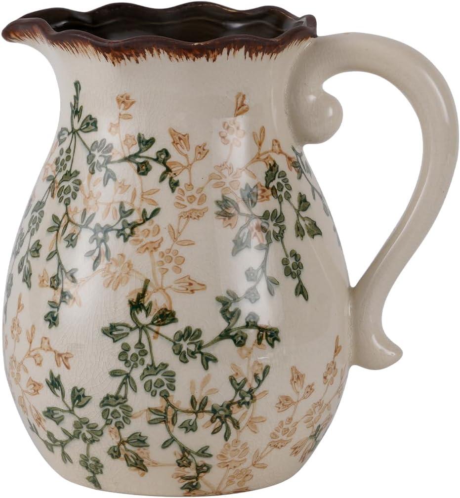 Vintage Green and Beige Vase with Handel,Retro Ice Cracked Ceramic Vases,Rustic Large Chinoiserie Floral Pitcher Vases for Living Room Bookshelf Home Office Dcor 8.2" (GB-03)