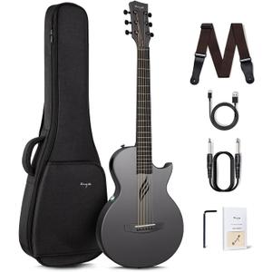 Enya NOVA Go SP1 Carbon Fiber Acoustic Electric Guitar with Smart AcousticPlus 35 Inch Travel Acustica Guitarra Starter Bundle Kit of Gig Bag, Strap, Strings, Charging Cable, Instrument Cable(Black)