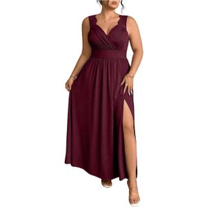 OYOANGLE Women's Plus Size Lace Trim Sleeveless Maxi Dress Wrap V Neck High Slit Formal Evening Dresses (Burgundy, XX-Large Plus)