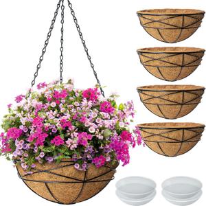 4 Pack 10 Inch Hanging Planters Metal Wire Flower Baskets with Natural Coconut Liners for Outdoor Plants Round Plant Holder Planter for Garden Decor