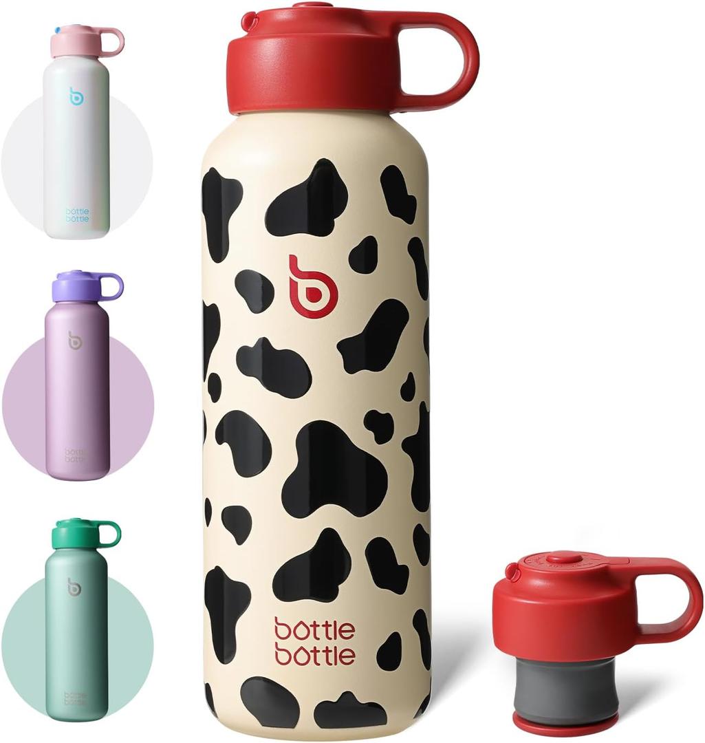 BOTTLE BOTTLE Water Bottle for Carbonated Drinks 20oz Insulated Bottles for Fizzy Drinks Keep Carbonation Longer Leak Proof for Sports Travel School(Cow)