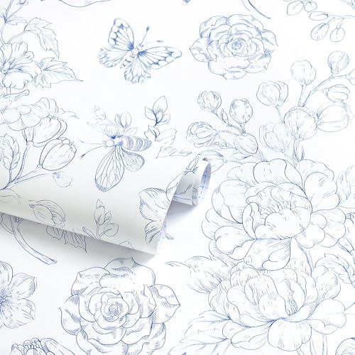 CiCiwind Floral Peel and Stick Wallpaper White and Blue Boho Contact Paper Modern Self Adhesive Removable Wall Paper for Bathroom Bedroom Living Room Decoration Butterfly Stick on Wallpaper 197”×17.3”