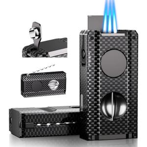 5-in-1 Torch Lighter with Tool, Punch, Holder, Draw Enhancer, Refillable Butane Torch Lighter, Multifunctional Accessories Gift, Windproof Triple Flame Lighters for Candles, Travel, Outdoor (Carbon Fiber)