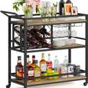 FATORRI Bar Cart for The Home, Rolling Wine Carts on Wheels with 3 Tier Wood Shelves, Liquor Beverage Cart with Wine Rack and Glass Holder (Rustic Oak)