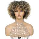 Honey Blonde Short Curly Wig with Bangs Ombre Dirty Blonde Highlight Curly Bang Wigs Kinky Curly Wig Glueless Synthetic Afro Wigs for Women Ready to Wear (1B/27 Highlights)