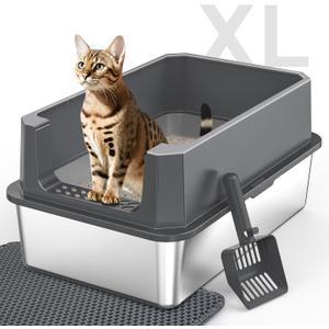 Stainless Steel Litter Box, Extra Large Litter Boxes for Big Cats, XLarge Metal Cat Litter Box with Lid, Anti-Urine Leakage XL Box with High Sides, Easy Clean, Non-Sticky, Scoop Included