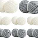 8 Pack Chunky Chenille Yarn for Crocheting & Knitting, 29.5yds 5 oz Each Skein Soft Fluffy Kitting Set, Thick Velvet Plush Yarn for Handcrafts Weaving Making Blankets (White Grey)