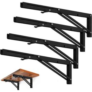 Storystore Folding Shelf Brackets - 18 Inch Heavy Duty Metal Collapsible Shelf Bracket for Bench Table, Shelf Hinge Wall Mounted Space Saving DIY Bracket, Max Load: 150 lb (4 PCS, Black)