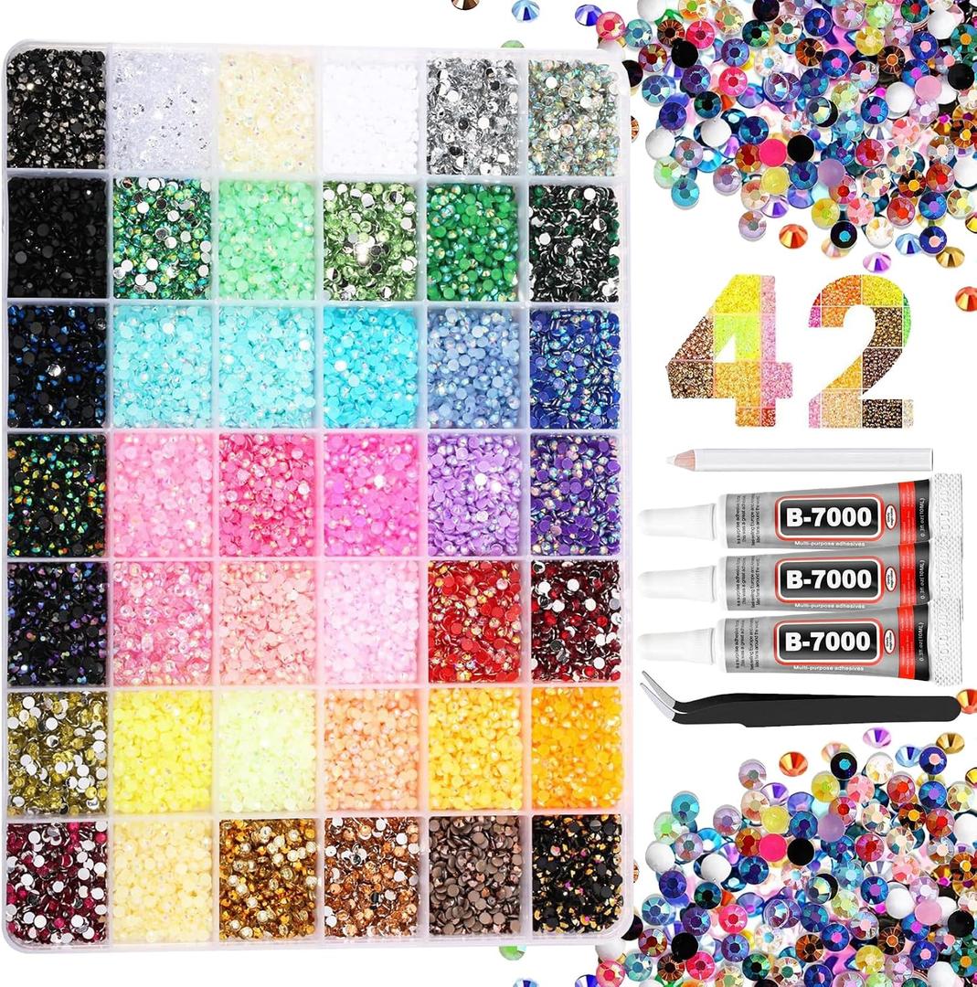 2 x XTSJGZ 42 Colors Jelly Rhinestones for Bedazzling, 32000Pcs 3mm Multicolor Flatback Rhinestones Bedazzling Kit with 3Pcs 10ml B7000 Glue, Tweezer and Pickup Pen for DIY Crafts Nails Makeup