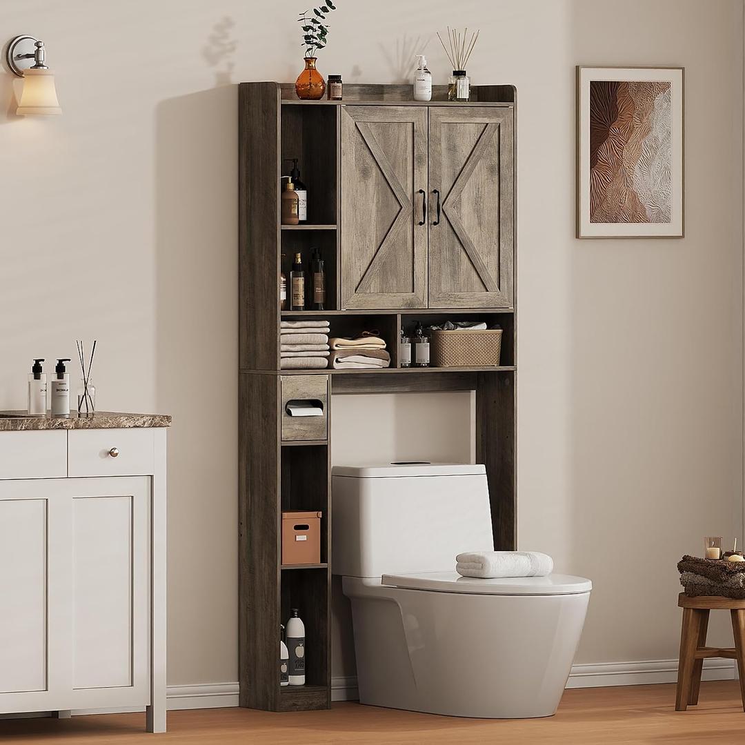 Over The Toilet Storage Cabinet, 31.1W Bathroom Organizer with Double Doors, Above Toilet Rack, Detachable Toilet Paper Holder for Bathroom & Laundry Room Grey