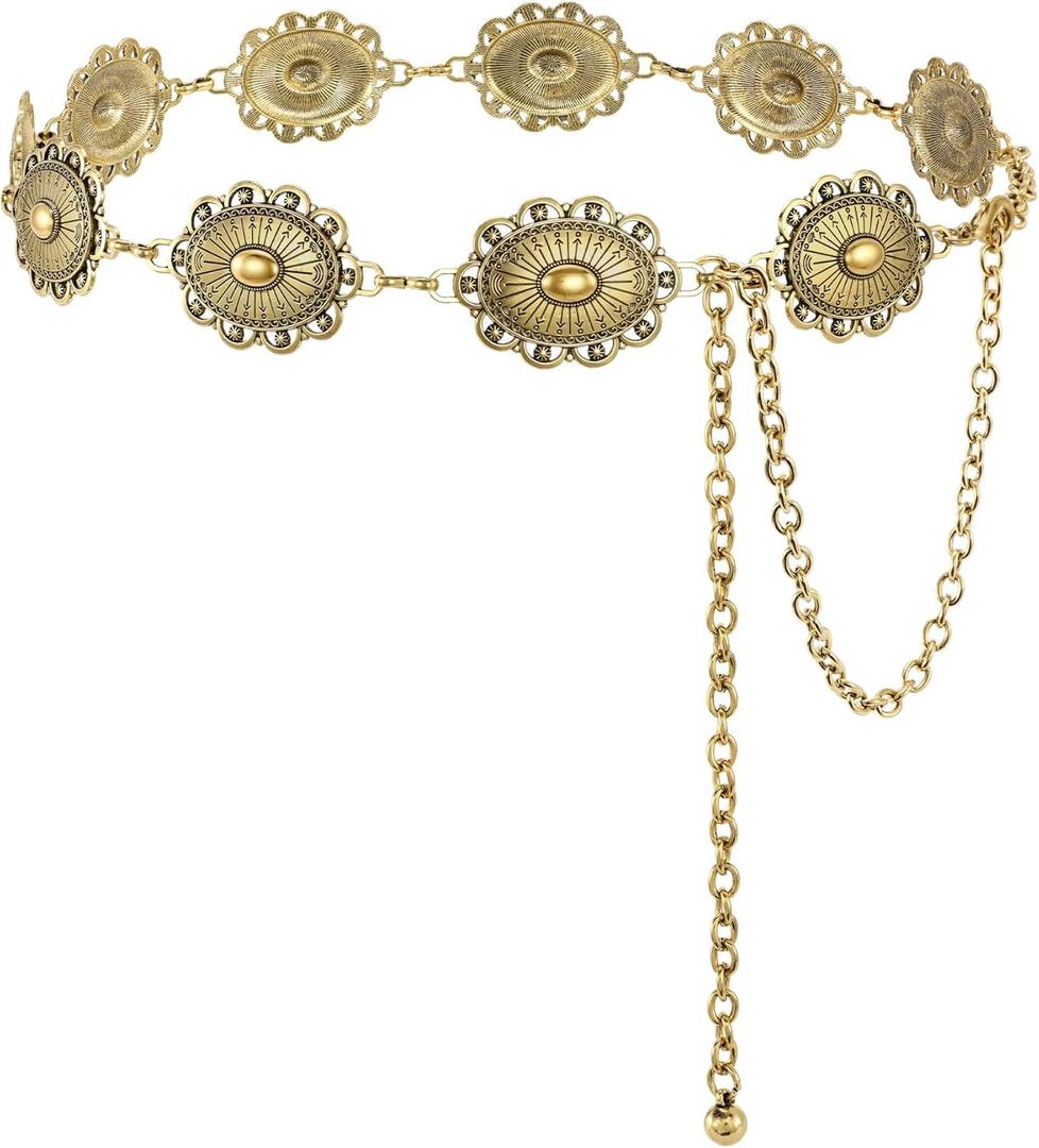 SANSTHS Women Western Concho Belt Cowgirl Boho Chain Belt Country Concert Metal Belt for Dresses (S: Fit Waist Up to 36'')