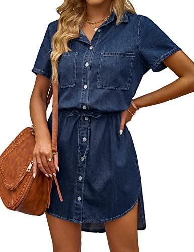 luvamia Women Casual Denim Dress Short Sleeve Tie Waist Classic Jean Shirt Dress XXL