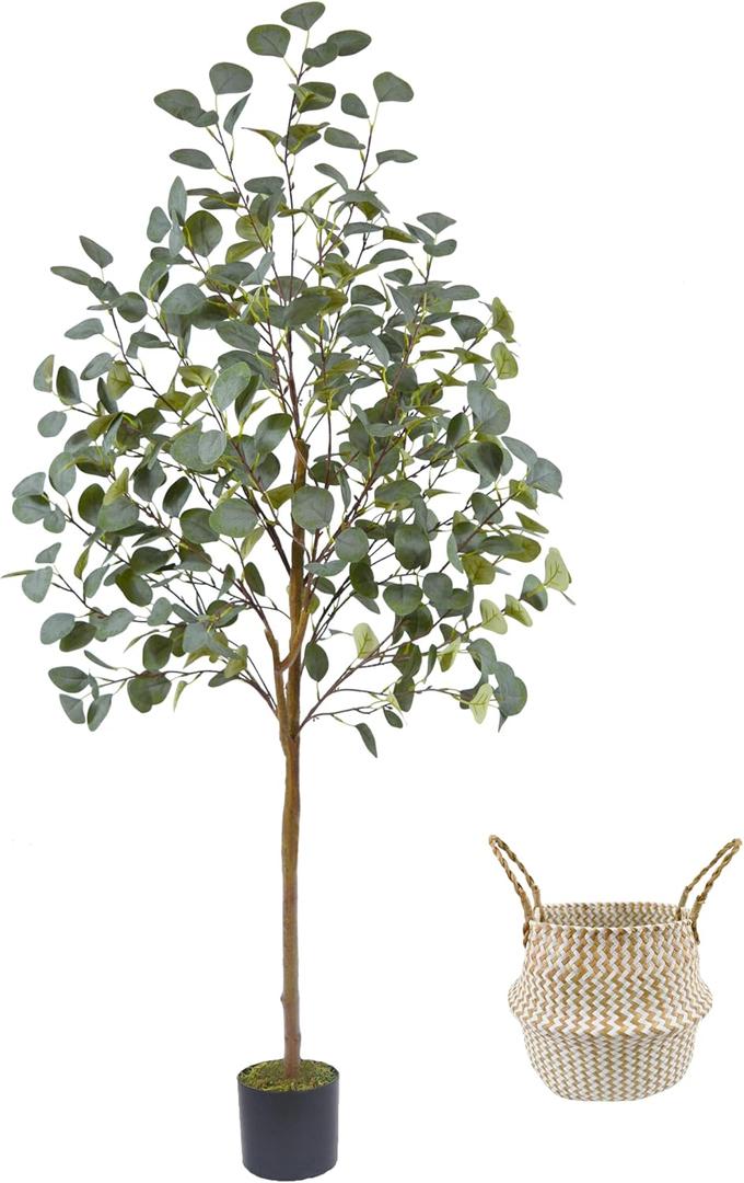Warmplants Artificial Eucalyptus Tree, 5ft Tall Mordern Fake Eucalyptus Plant with Basket, Green Silk Leaves Perfect Faux Trees for Home Office Livingroom Floor Decor Indoor Outdoor