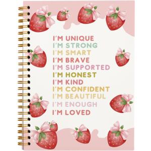 Rusenbao Coquette Pink Bow Strawberry Notebook Journal, Cute Notebook for School Teen Girls, Inspirational Strawberry Gifts for Women, Preppy School Supplies, Spiral Notebook 5.5 x 8.3