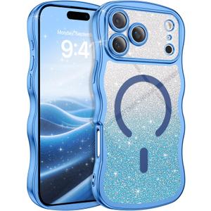 3 x BENTOBEN for iPhone 17 Pro Max Case Clear, [Compatible with MagSafe][Full Camera Protection][Cute Wave Frame][DIY Glitter Cardstock] Electroplated Wavy Shockproof 17ProMax Phone Case 6.9", Sky Blue