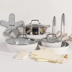 17 Pcs Pots and Pans Set Nonstick, Ceramic Cookware Set with Utensils and Pot Protectors, PFAS & PTFE & PFOA Free, Induction Compatible, Dishwasher Safe, Oven Safe, White & Gray…