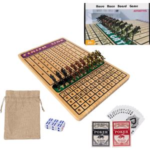 Horse Race Board Game, Horse Racing Board Game with 11 Luxury Metal Horses, 4 Dice, 2 Boxes of Cards, and Thickened Wood Horse Race Game Board