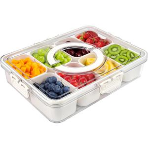 1 Pack Portable Snackle Box Container, Divided Serving Tray with Lid and Handle, Fruits, Clear Snack Platter Organizer and Storage for Adults Child (11.81" L*8.85"W-1pcs-8 Compartments)