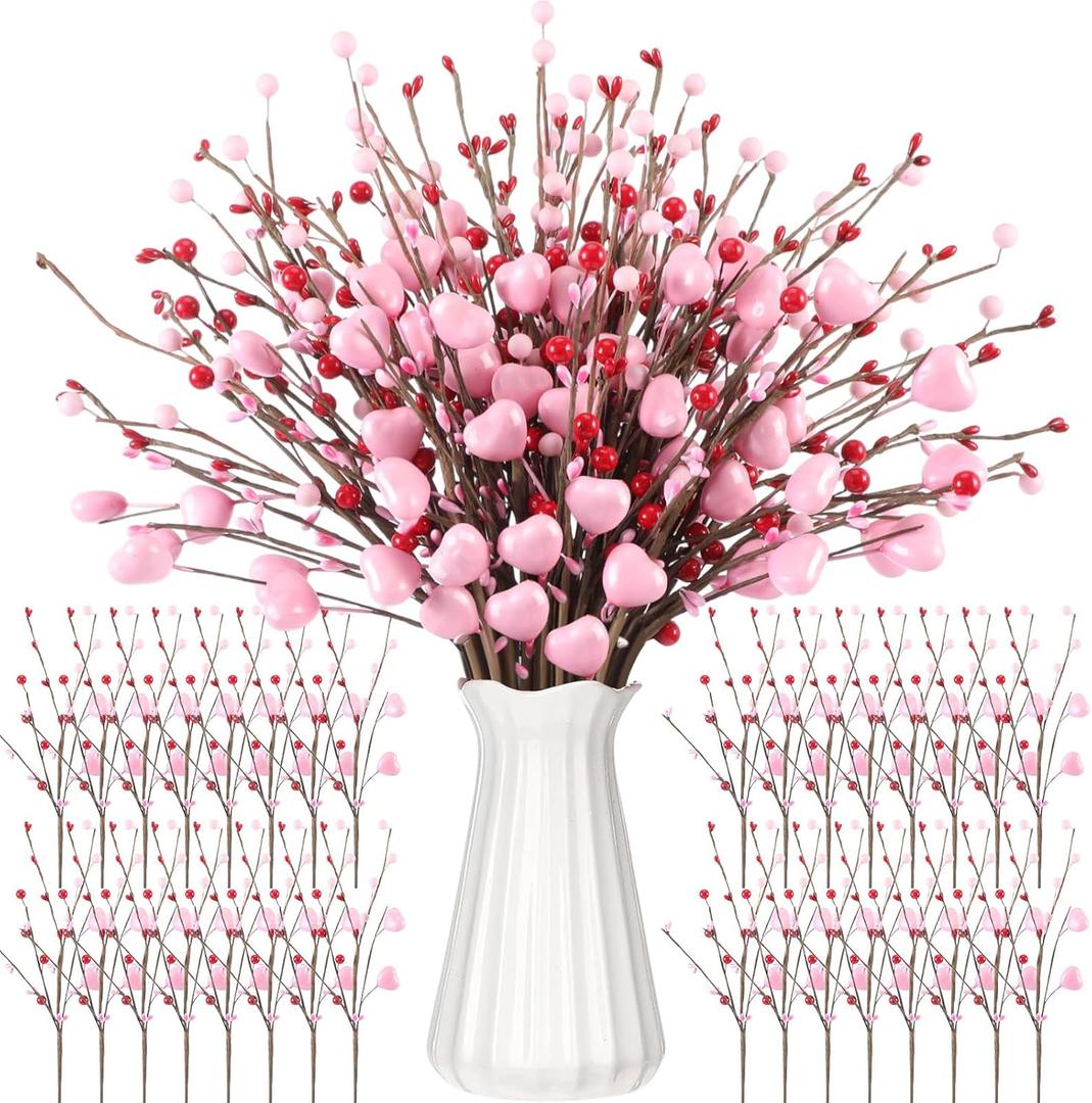 36 Pcs Valentine's Day Decorations Valentine's Day Berry Picks 17 Inch Artificial Pink Heart Shaped Berry Picks with Red Pink Berries Floral Stems for Weddings Anniversaries Birthday Parties
