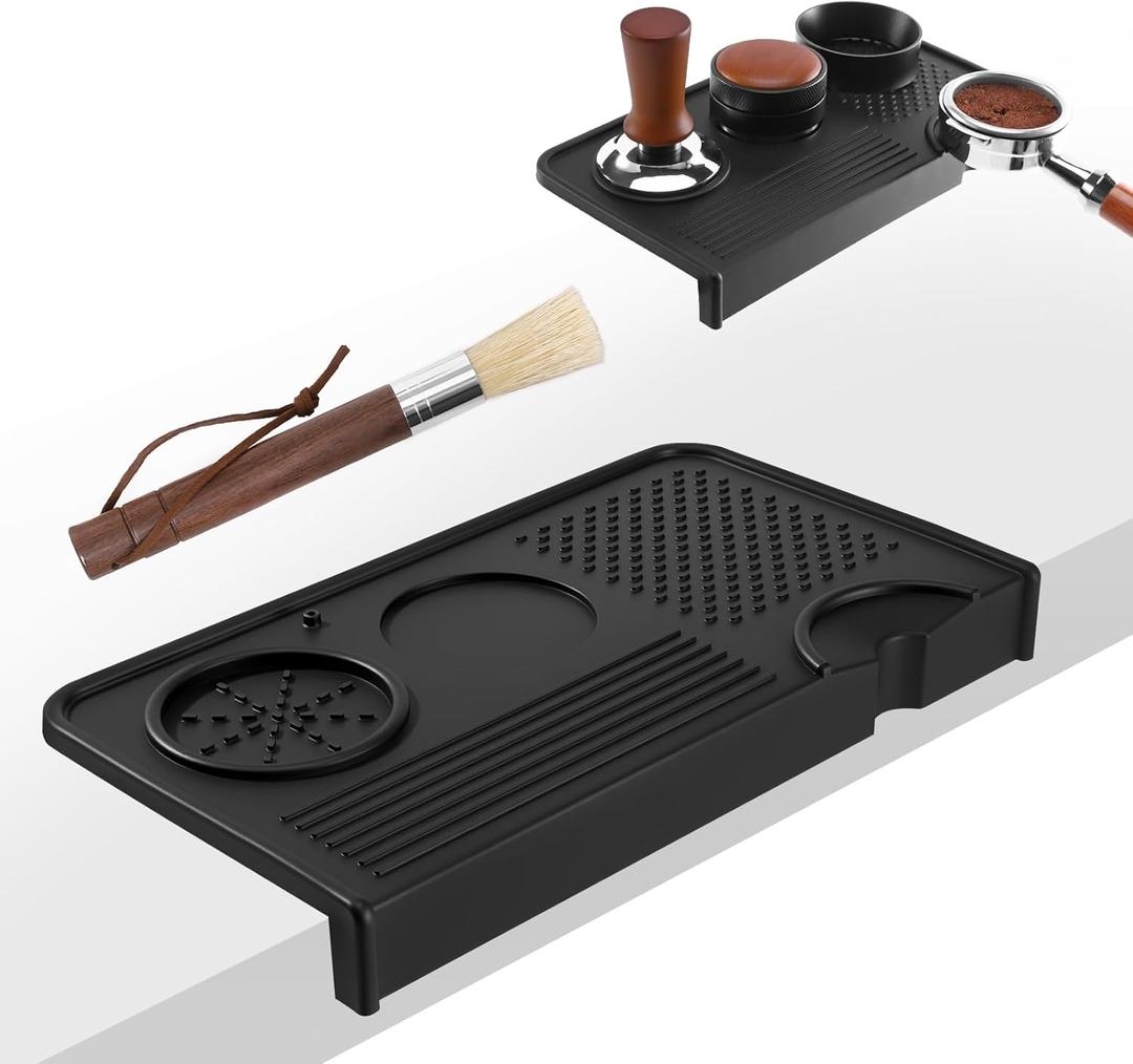 Espresso Tamping Mat and Coffee Brush Set, Food Grade Silicone Coffee Tamper Mat, Portafilter Mat for Barista Espresso Machine Acceessories, Waterproof Heat Resistant Tamp Station for Counter