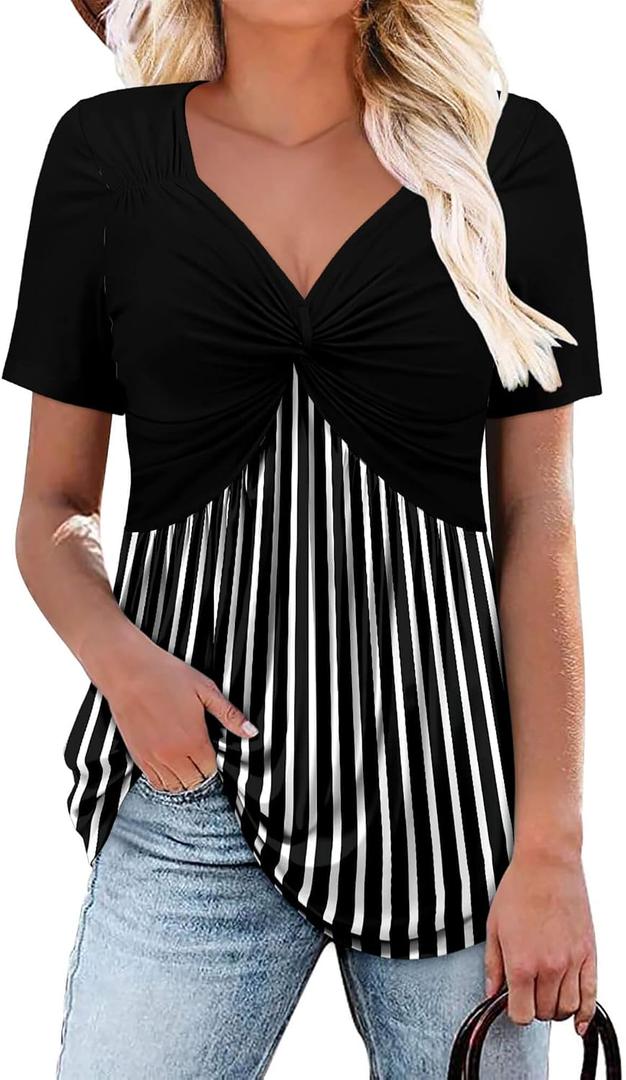 ONLYSHE Womens V Neck Shirts Short Sleeve Tops Front Knotted T Shirt Casual Solid&Floral Tunic Summer Henley Tees Blouse (L)
