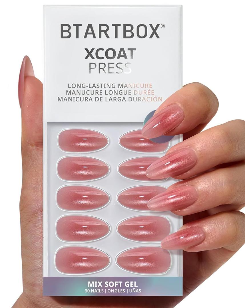 BTArtbox Press On Nails Almond - Pink Hypnotic, Lamp-Curable Cat Eye Ombre Medium Press On Nails with Glue and Adhesive Tabs for Women in 15 Sizes - 30 Soft Gel Glue On Nails Kit