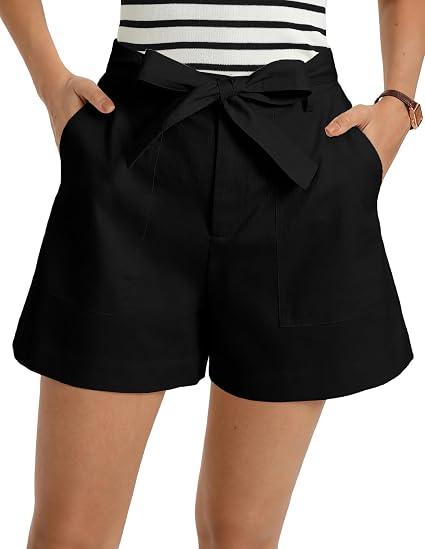 GRACE KARIN Womens Summer Linen Shorts High Waisted Casual Tie Wasit Short Pants with Pockets, L, Black
