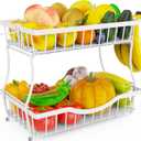 White 2 Tier Large Fruit Basket for Kitchen Counter with 2 Banana Hangers, Metal Fruit Bowl for Onion Vegetable Bread Snack, Countertop Organizer  14.5" W x 9.5" D