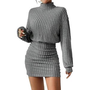 Women's Pullover Sweater Dress Long Lantern Sleeve Turtle Neck Cute Ribbed Knit Bodycon Mini Short Dress 2025 Fall (XX-Large)